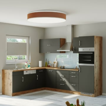 Kitchenette L-vorm Sorrella 270cm met oven, vaatwas en koelkast - antraciet/eik