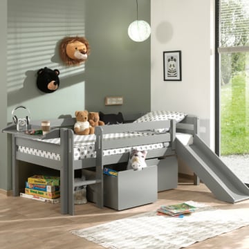 Halfhoogslaper met glijbaan Pip 90 x 200 met 2 opberglades en legplankje dennenhout - grijs