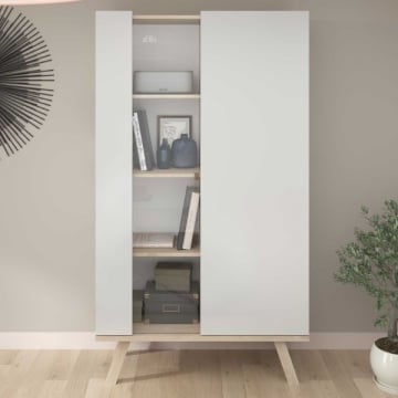 Vitrinekast Ginger-160cm-2 draaideuren waarvan 1 gedeeltelijk uit glas-wit/eik