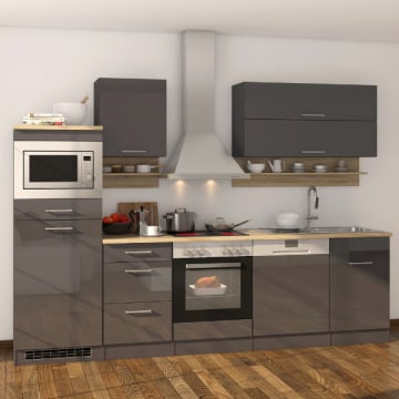 Kitchenette Ragnar 280cm met magnetron, koelkast, oven en vaatwas - hoogglans antraciet