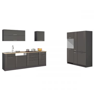 Kitchenette Ragnar 390cm met ruimte voor koelkast-diepvries, oven en vaatwas - hoogglans antraciet
