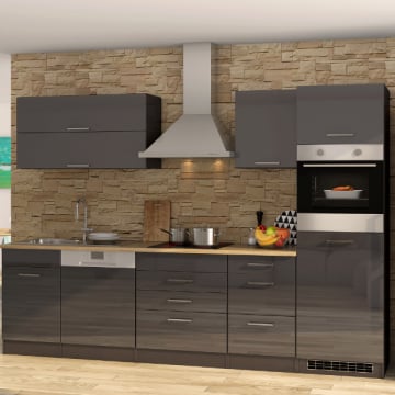 Kitchenette Ragnar 300cm met vaatwas, koelkast en oven - hoogglans antraciet