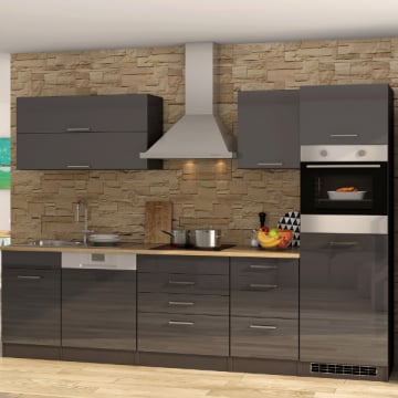 Kitchenette Ragnar 300cm met vaatwas, koelkast en oven - hoogglans antraciet