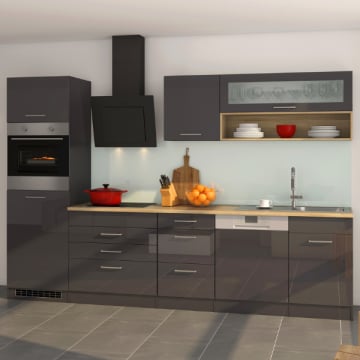 Kitchenette Ragnar 300cm met vaatwas, oven en koelkast - hoogglans antraciet