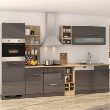 Kitchenette Ragnar 310cm met vaatwas, oven en koelkast - hoogglans antraciet