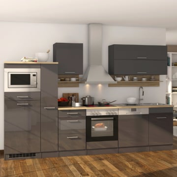 Kitchenette Ragnar 310cm met magnetron, koelkast, oven en vaatwas - hoogglans antraciet