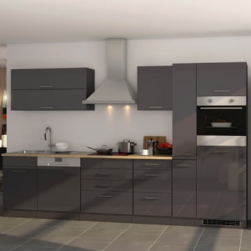 Kitchenette Ragnar 330cm met koelkast, oven en vaatwas - hoogglans antraciet