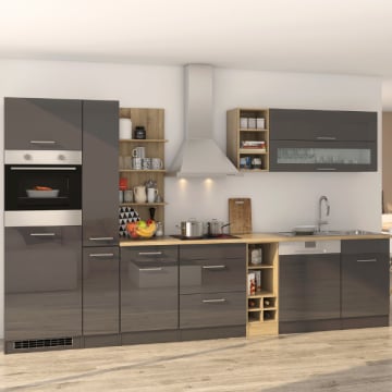 Kitchenette Ragnar 340cm met vaatwas, oven en koelkast - hoogglans antraciet