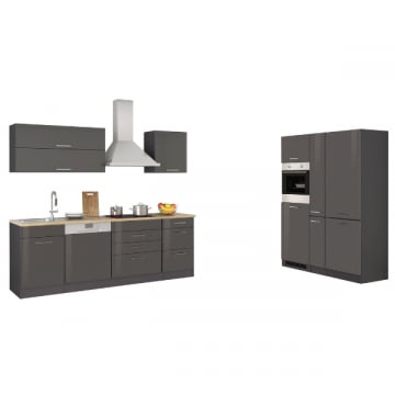 Kitchenette Ragnar 390cm met koelkast-diepvries, oven en vaatwas - hoogglans antraciet