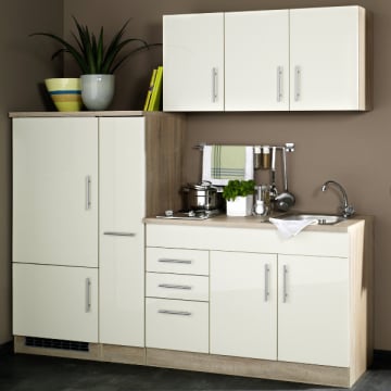 Kitchenette Toto 210cm met kookplaat en koelkast - hoogglans crème
