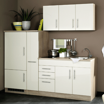 Kitchenette Toronto | Bovenkast, spoelbak, kookplaten, ingebouwde koelkast | Cream High Gloss