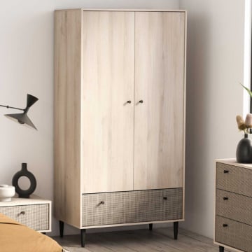 Kleerkast Sayuri 2 draaideuren, 1 kledingroede en 1 lade-Kronberg eik/wicker