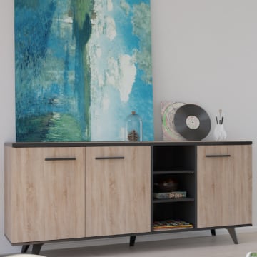 Dressoir Wilke 3 draaideuren en 4 legplanken-geborstelde eik/matzwart