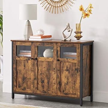 Dressoir in industriële stijl met glazen deuren, rustiek bruin en zwart | verstelbare planken | stabiel stalen frame