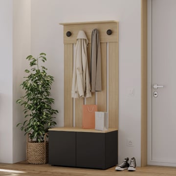 Vestiaire Dorothy 4 haken, 2 draaideuren en 2 legplanken-zwart/lichte eik
