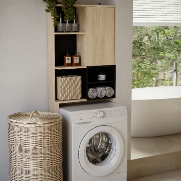Wasmachinekast Kuba 4 legplanken, 1 draaideur-lichte eik/zwart