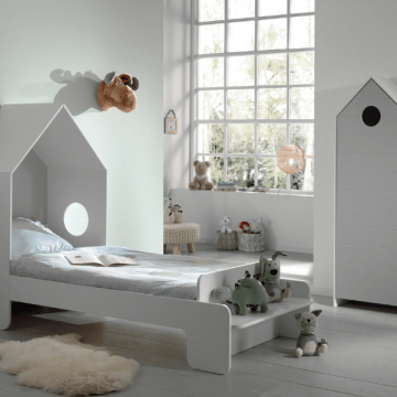 Bedhuisje 90x200 cm (incl. lattenbodem) en kleerkast Casami-grijs/wit