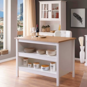 Kookeiland Julina | Ambachtelijk Eikenhouten Blad | 124 x 75 x 91,5 cm | Kleur: Wit