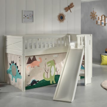 Halfhoogslaper Scottie 90x200 cm met glijbaan en dino-speelgordijn-wit