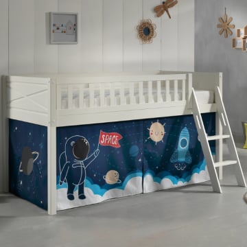 Halfhoogslaper Scottie 90x200 cm met ruimteschip-speelgordijn-wit