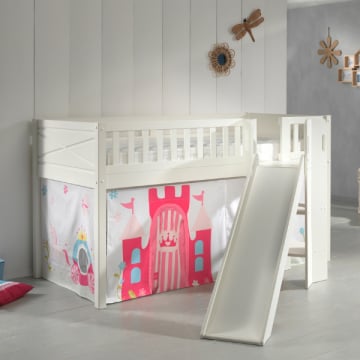 Halfhoogslaper Scottie 90x200 cm met glijbaan en prinses-speelgordijn-wit