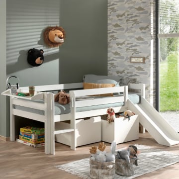 Halfhoogslaper Pip 90x200 cm met glijbaan,2 lades en 1 hangplank-wit