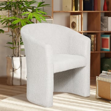Charlie' Zandkleurige Bouclé kuipstoel | Spaanplaat en PU Bekleding | H 81 x B 64 x D 62 cm