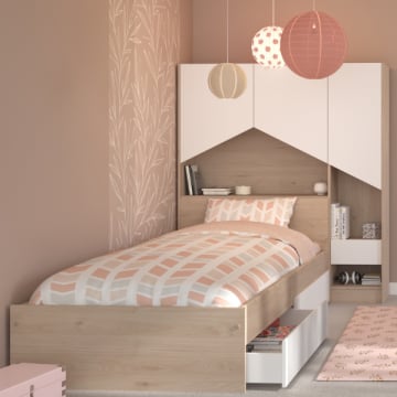 Bed Shelby 90x200 cm met 2 opberglades en achterbouw-eik/wit