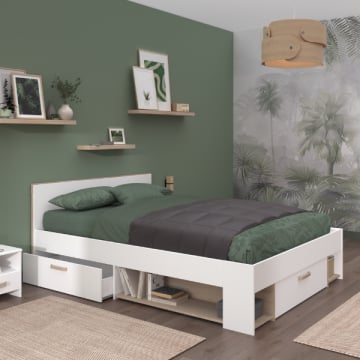 Tweepersoonsbed Sueno 140x200cm met opbergruimte - wit/eikdecor