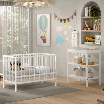 Babykamer Dino: babybed 60x120cm en verzorgingstafel - wit dennenhout