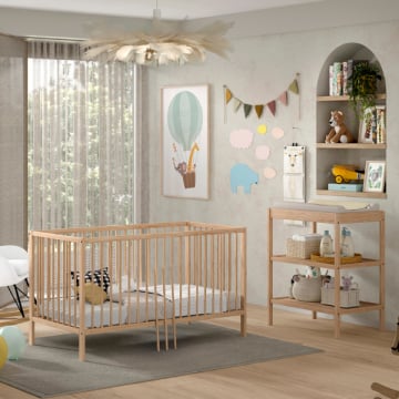Peuterkamer Dino: peuterbed 70x140cm en verzorgingstafel - dennenhout