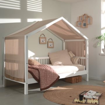 Huisbed Forrest 90x200 met bedtent - massief beukenhout - wit/roze