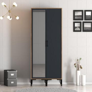 Kledingkast Kassian met spiegel - 201,4x80x47,5 cm - MDF/antraciet 