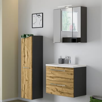 Badkamer Gene: spiegelkast, wastafelmeubel, kolomkast - grafiet/eik