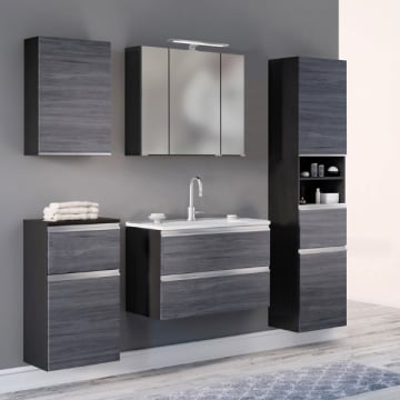 Badkamer Lotuk: hangkastjes, spiegelkast, wastafelmeubel, kolomkast - grijze eik