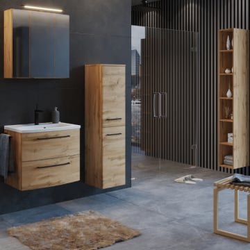 Badkamer Malvo: spiegelkast, wastafelmeubel, kolomkast, rek - eik