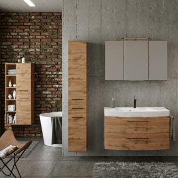 Badkamer Malvo: spiegelkast, wastafelmeubel, kolomkasten - eik