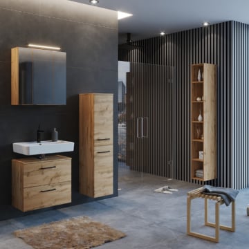 Badkamer Malvo: spiegelkast, wastafelonderkast, kolomkast, rek - eik