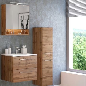 Badkamer Sefa: spiegelkast, wastafelmeubel, kolomkast - eik