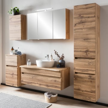 Badkamer Vikas: hangkastjes, spiegelkast, wastafelmeubel, kolomkast - eikdecor