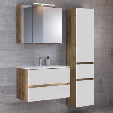 Badkamer Luna: spiegelkast, wastafelmeubel, kolomkast - wit/eikdecor