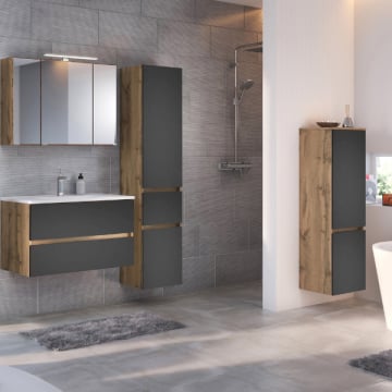 Badkamer Luna: spiegelkast, wastafelmeubel, 2x kolomkast - antraciet/eik