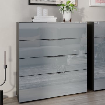Ladekast Dudek 83cm met 4 lades - fronten in glas - grafiet/zilvergrijs