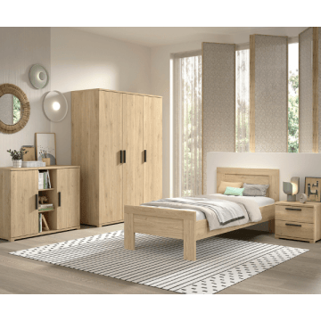 Tienerkamer Sammie: bed 90x200cm, nachtkastje, kledingkast, commode - eikdecor