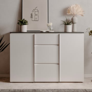 Dressoir Bresse - 133x40x92cm - 2 deuren & 3 lades - hoogglans wit/antraciet