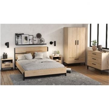 Slaapkamerset Craig | Tweepersoonsbed, nachtkastje, kledingkast, commode | Oak Matte Black