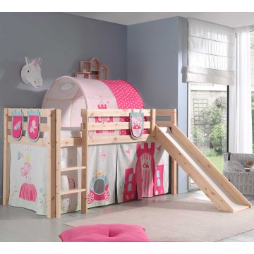 Halfhoogslaper met glijbaan Astrid met bedtent, -tunnel & opbergzakjes Princess II - dennenhout