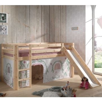 Halfhoogslaper met glijbaan Astrid met bedtent Birdy - dennenhout