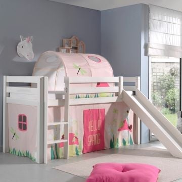 Halfhoogslaper met glijbaan Astrid met bedtent & bedtunnel Spring - wit