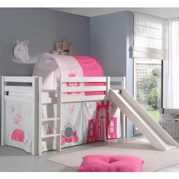 Halfhoogslaper met glijbaan Astrid met bedtent & bedtunnel Princess II - wit